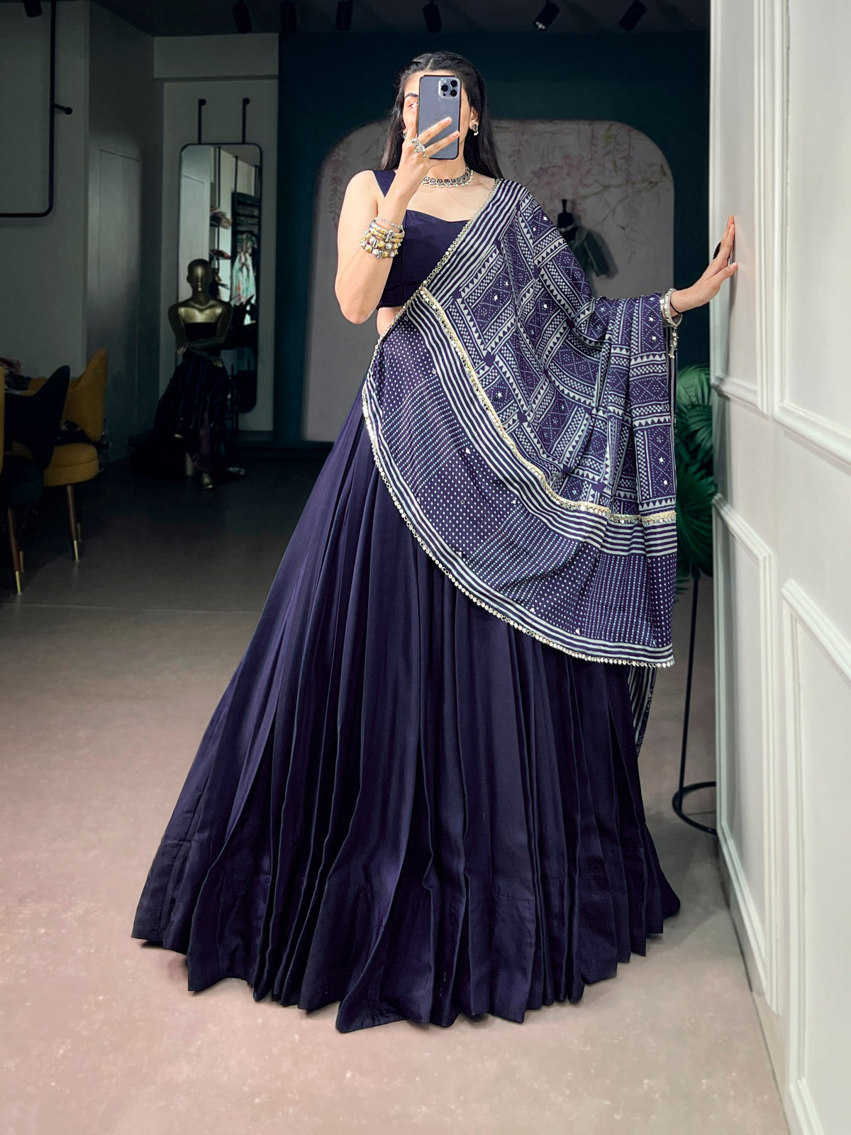Navy Pure Moonga Silk  Beautiful Printed Navratri Lehenga Choli