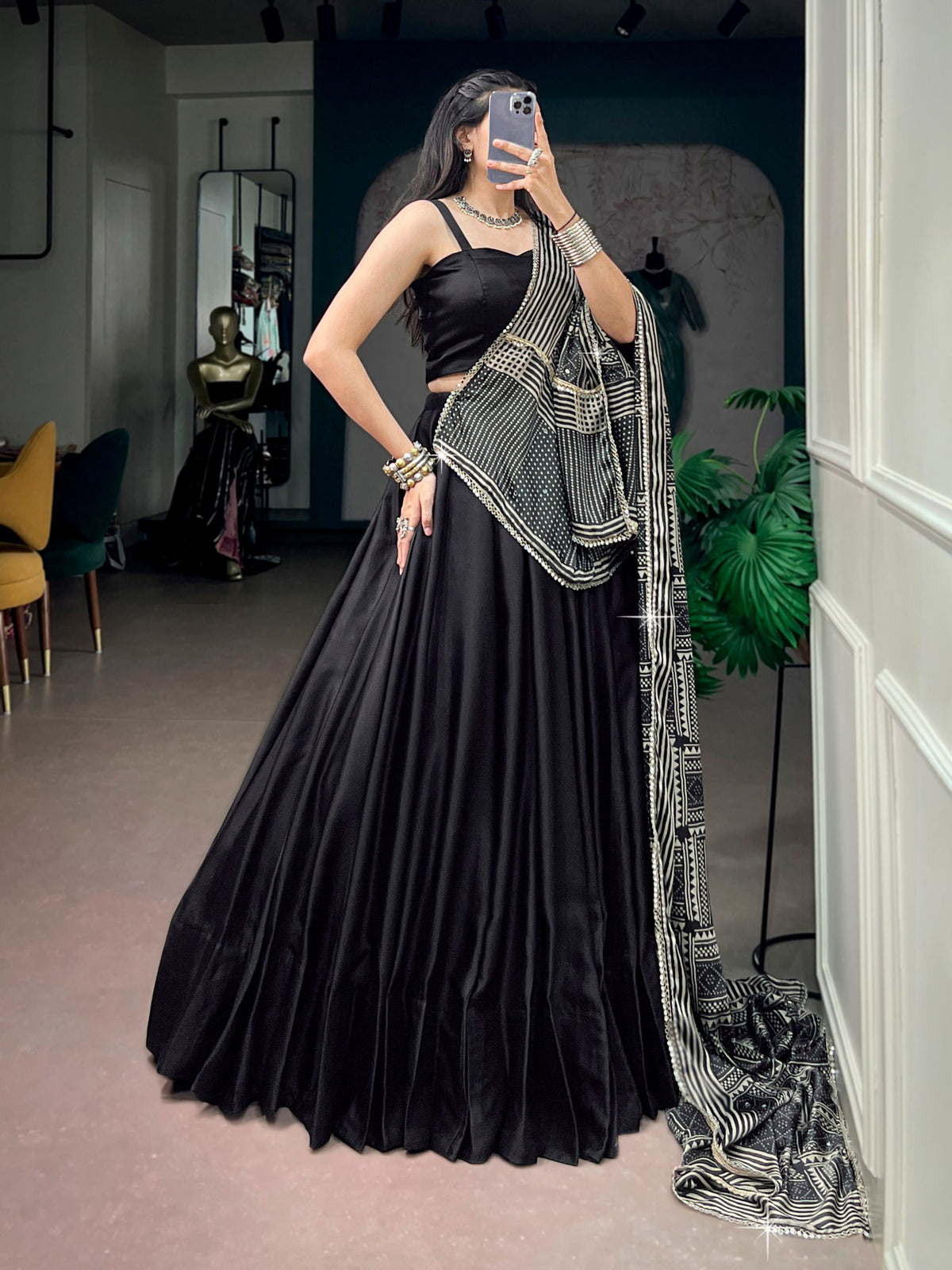 Black Pure Moonga Silk  Beautiful Printed Navratri Lehenga Choli