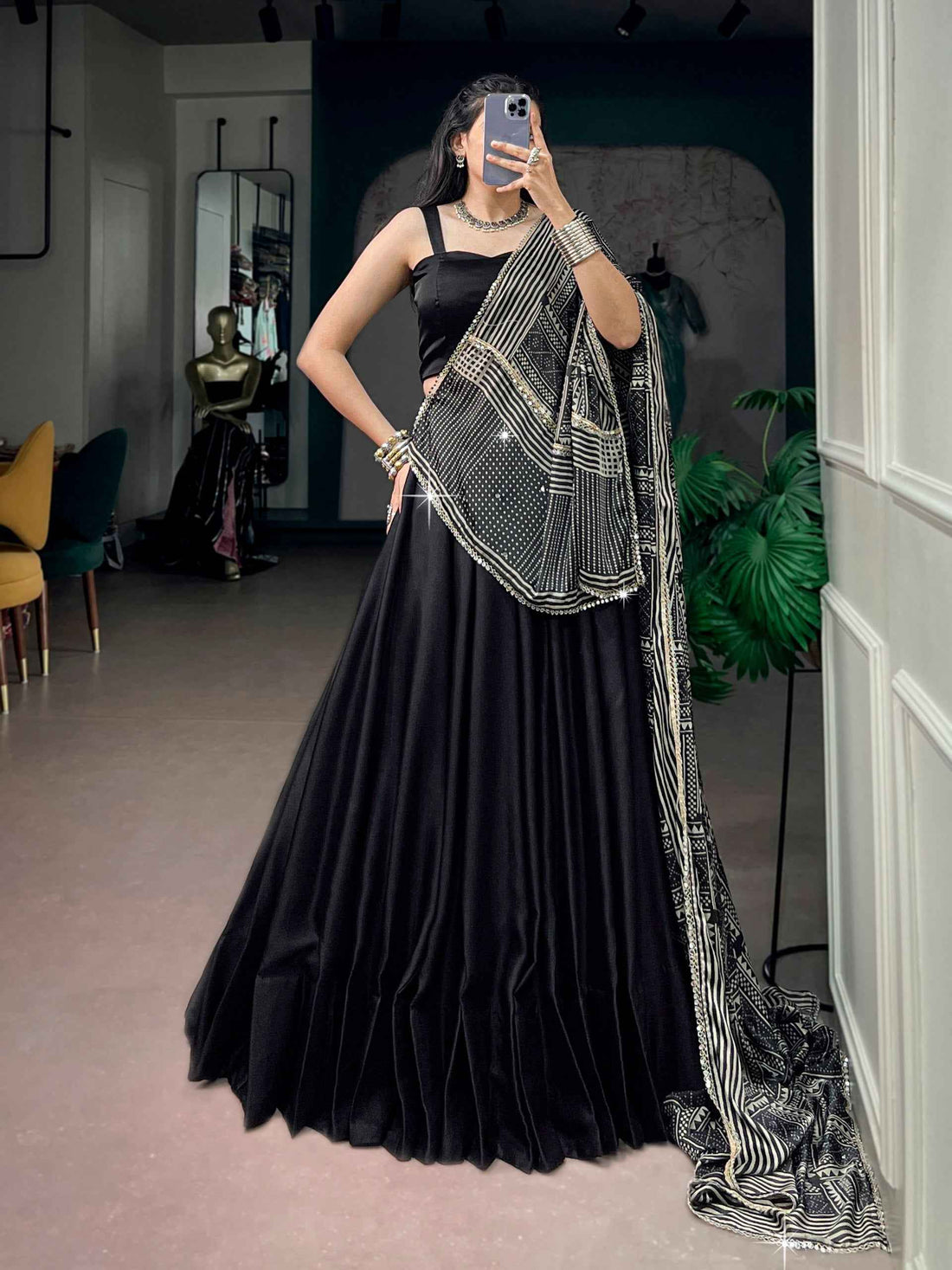 Black Pure Moonga Silk  Beautiful Printed Navratri Lehenga Choli