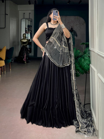 Black Pure Moonga Silk  Beautiful Printed Navratri Lehenga Choli