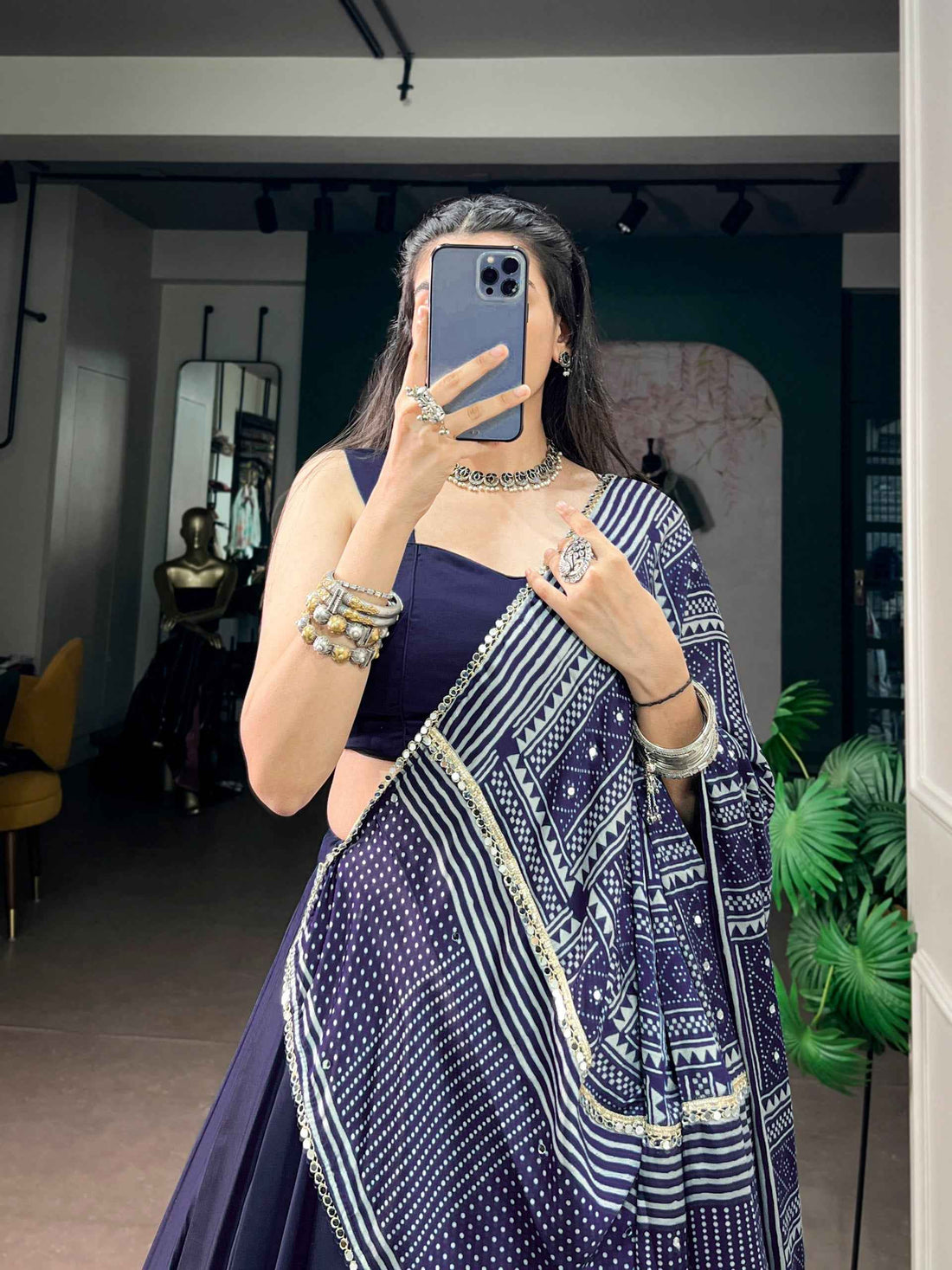 Navy Pure Moonga Silk  Beautiful Printed Navratri Lehenga Choli