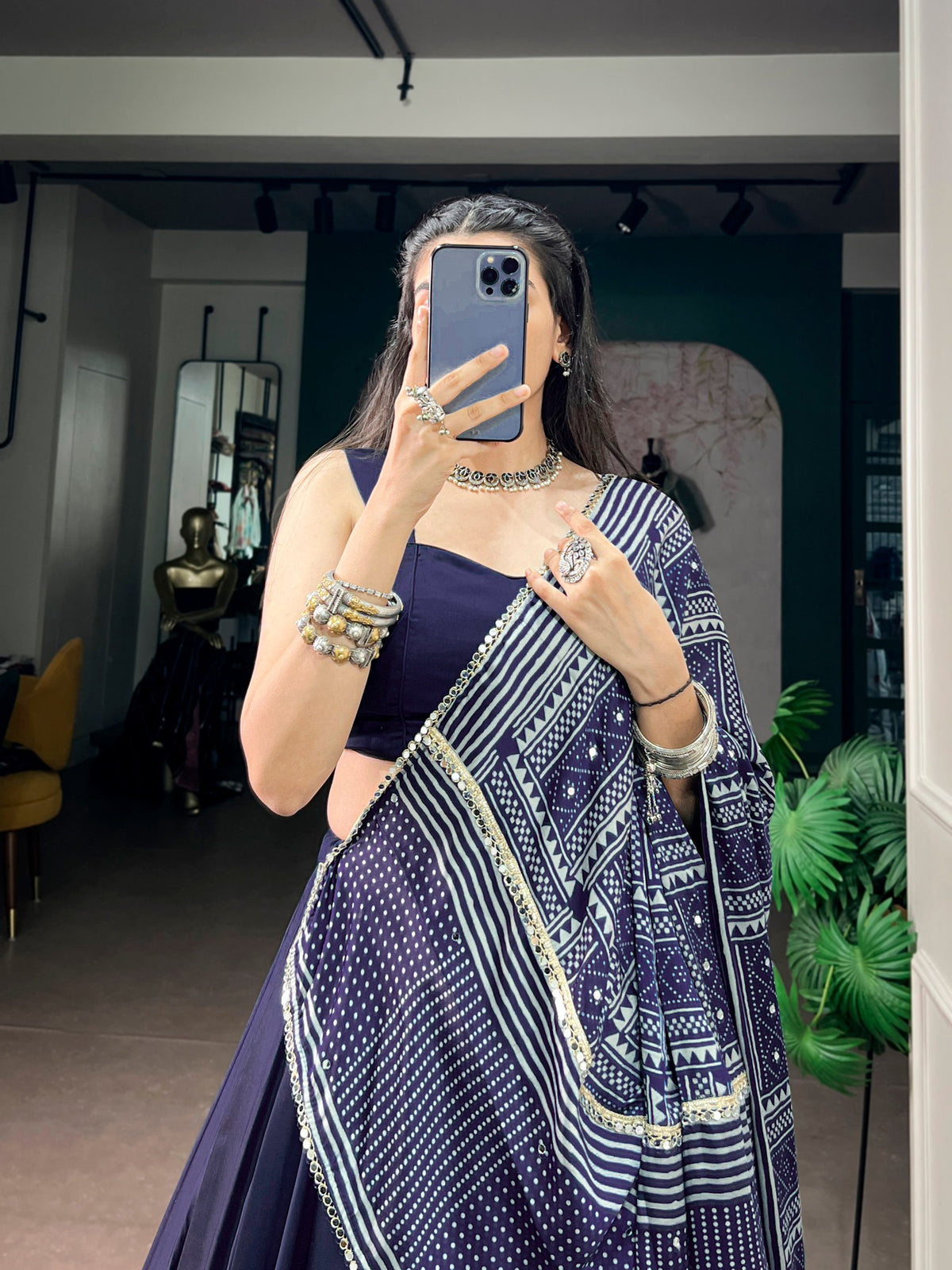Navy Pure Moonga Silk  Beautiful Printed Navratri Lehenga Choli