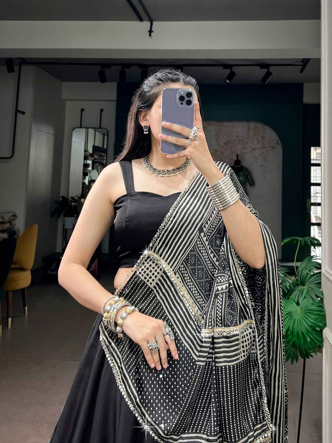 Black Pure Moonga Silk  Beautiful Printed Navratri Lehenga Choli
