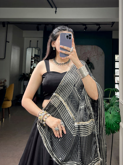 Black Pure Moonga Silk  Beautiful Printed Navratri Lehenga Choli