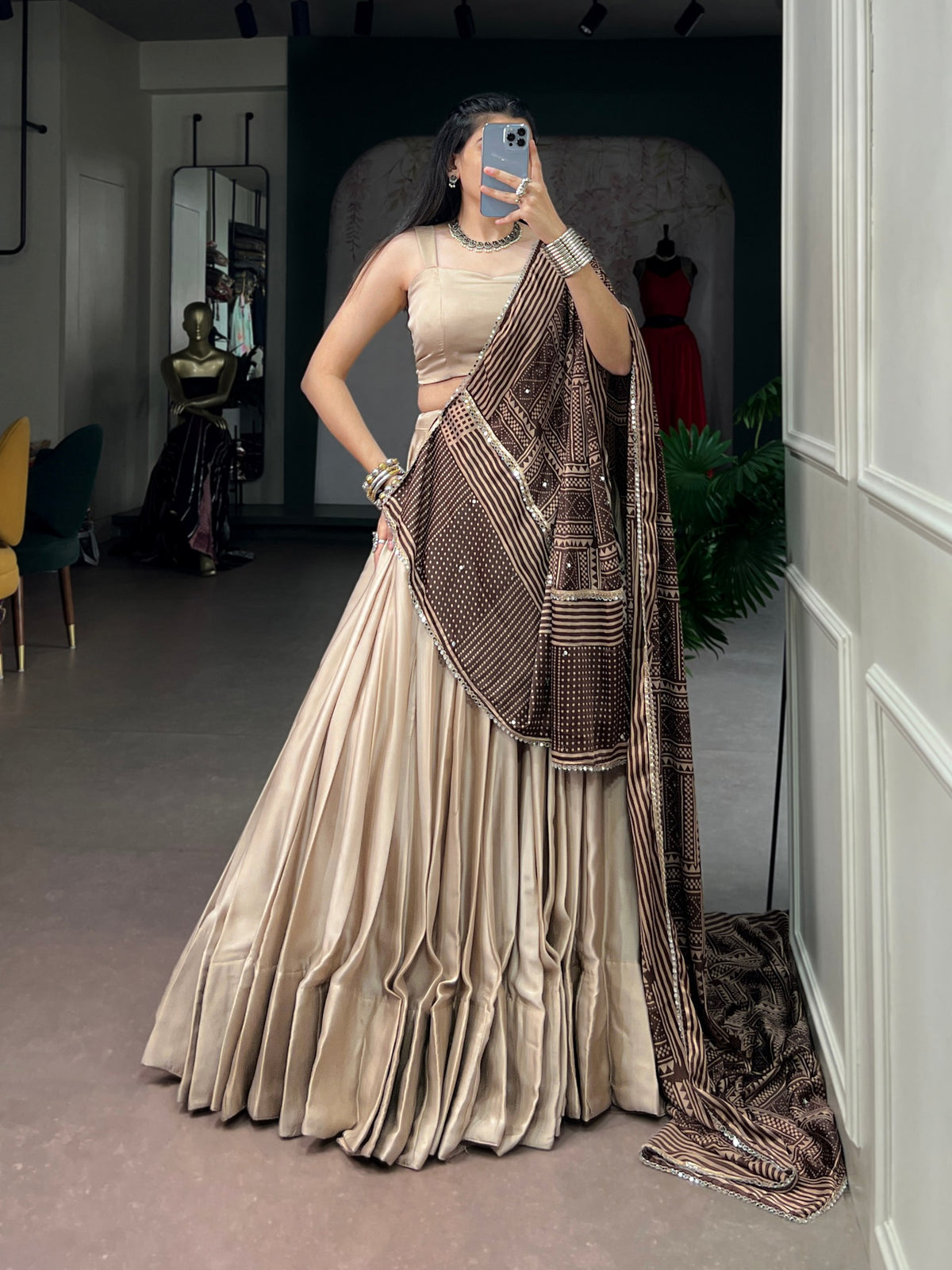 Cream Pure Moonga Silk  Beautiful Printed Navratri Lehenga Choli