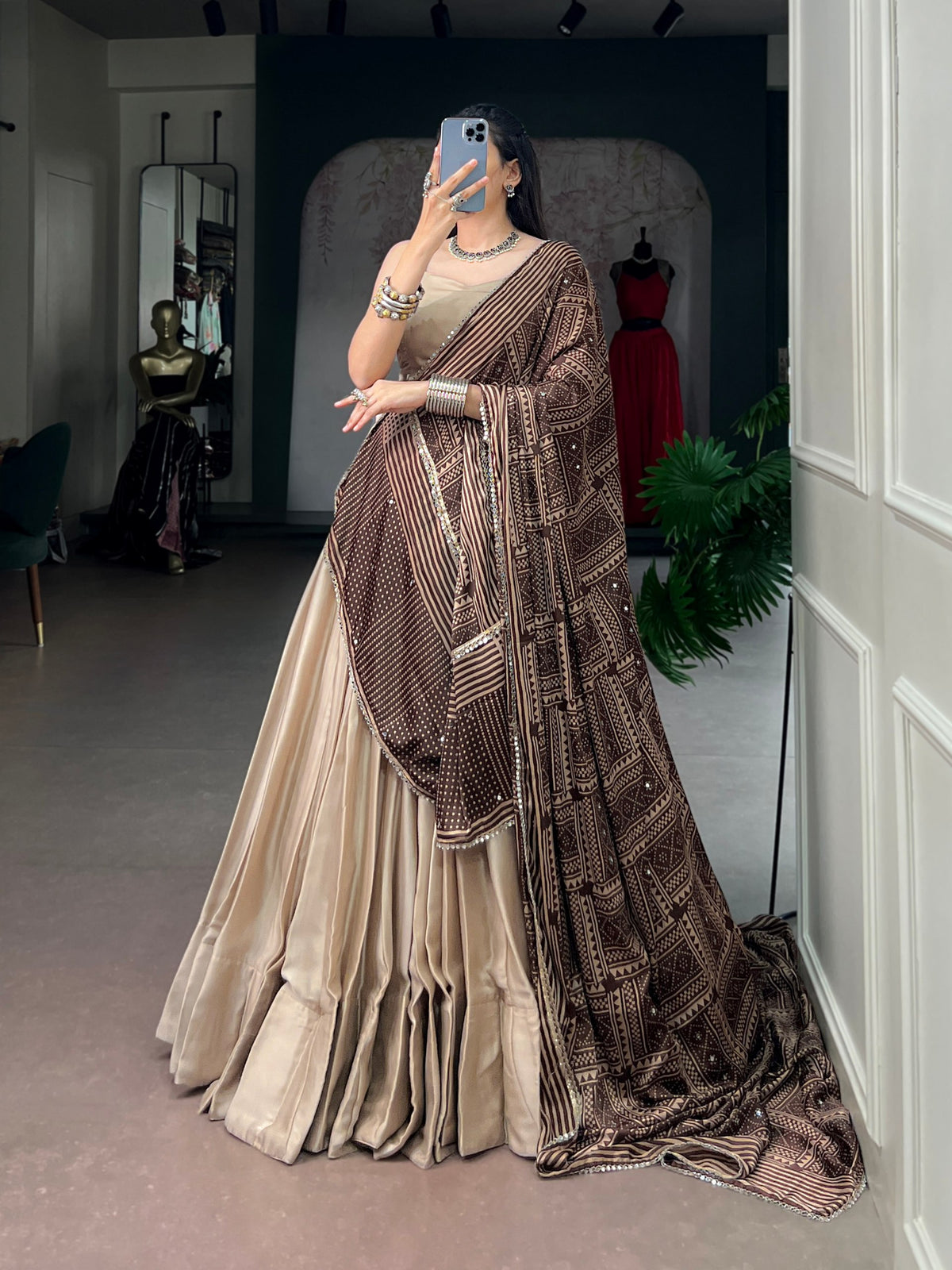 Cream Pure Moonga Silk  Beautiful Printed Navratri Lehenga Choli