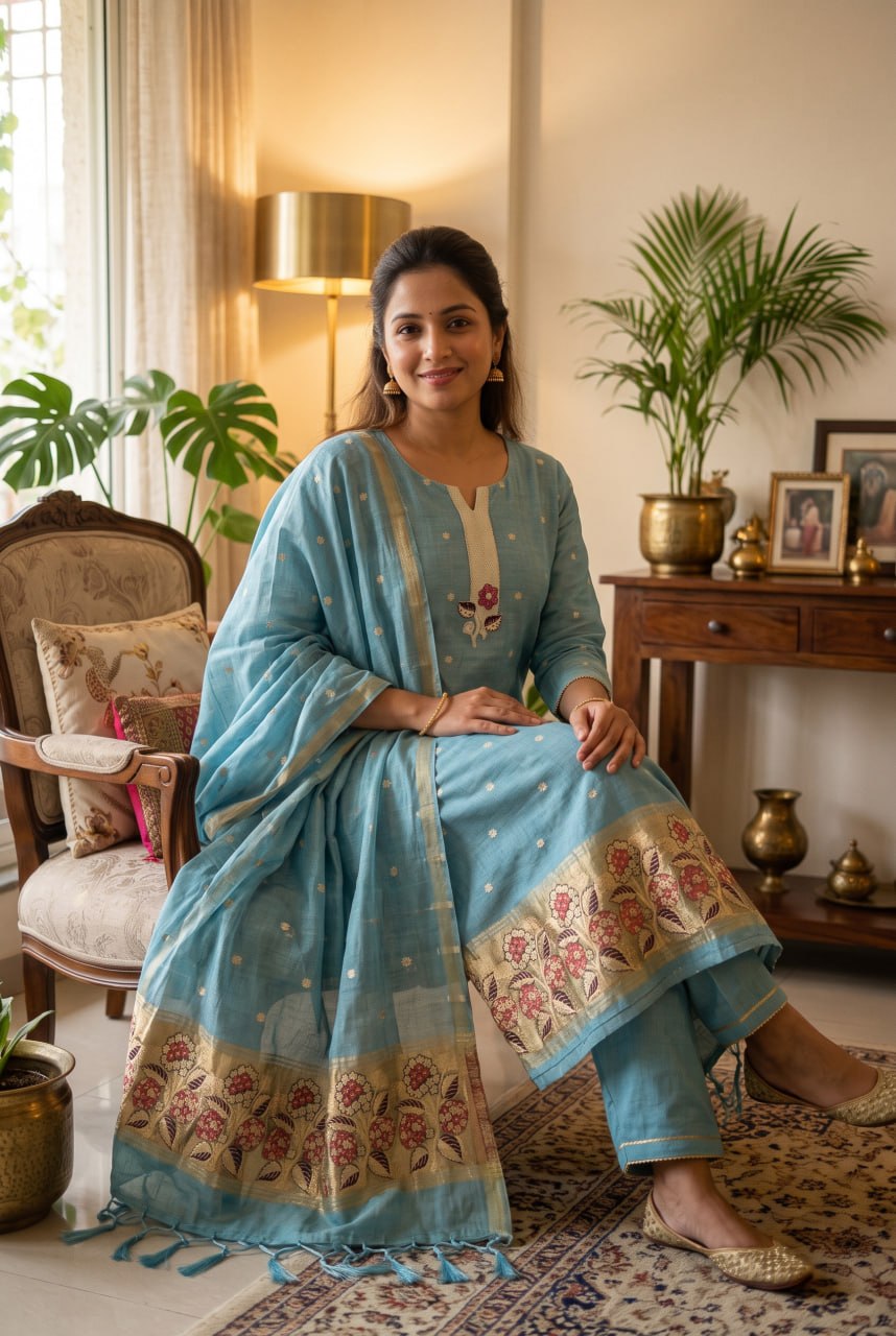 Sky Pure Muga Cotton 3 PC Jamdani Lagdi Patta Weaving Salwar Suit