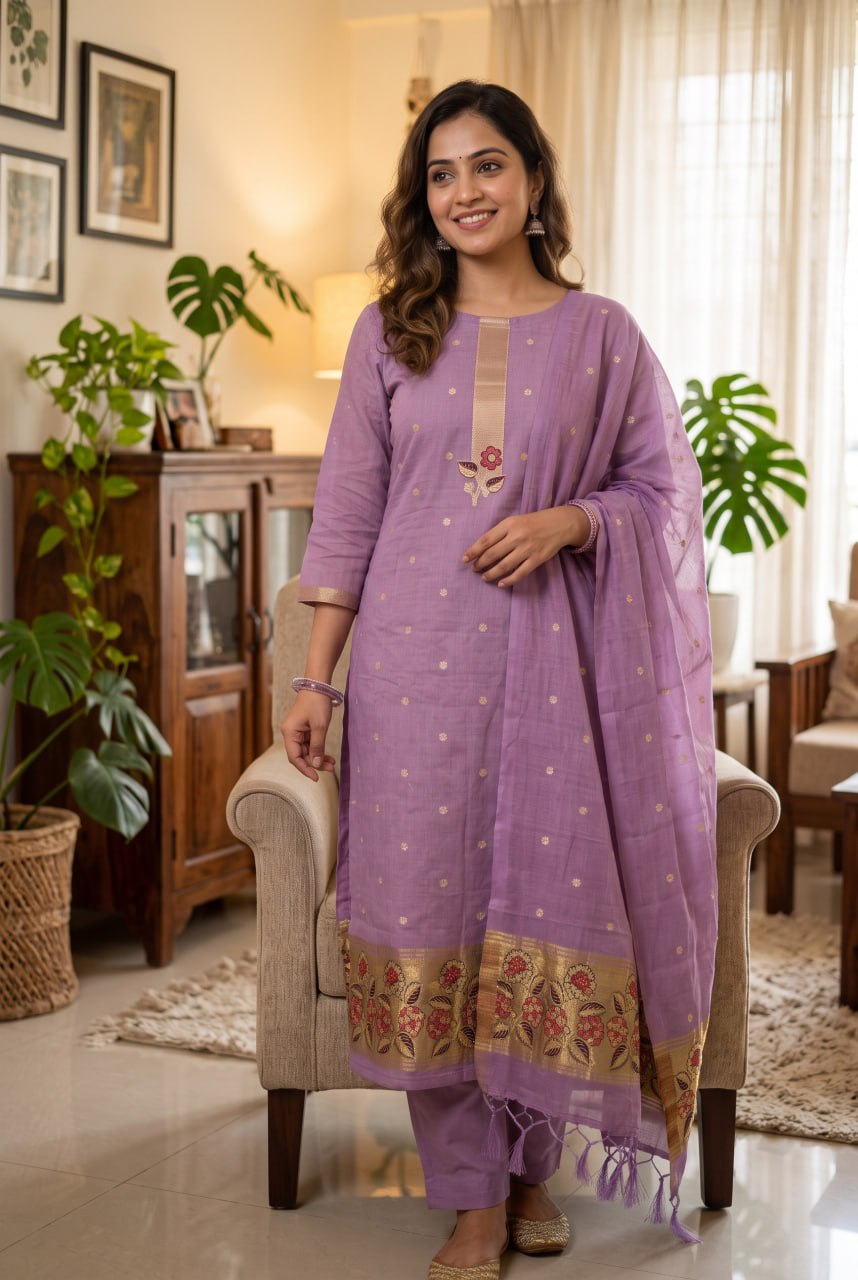 Purple Pure Muga Cotton 3 PC Jamdani Lagdi Patta Weaving Salwar Suit