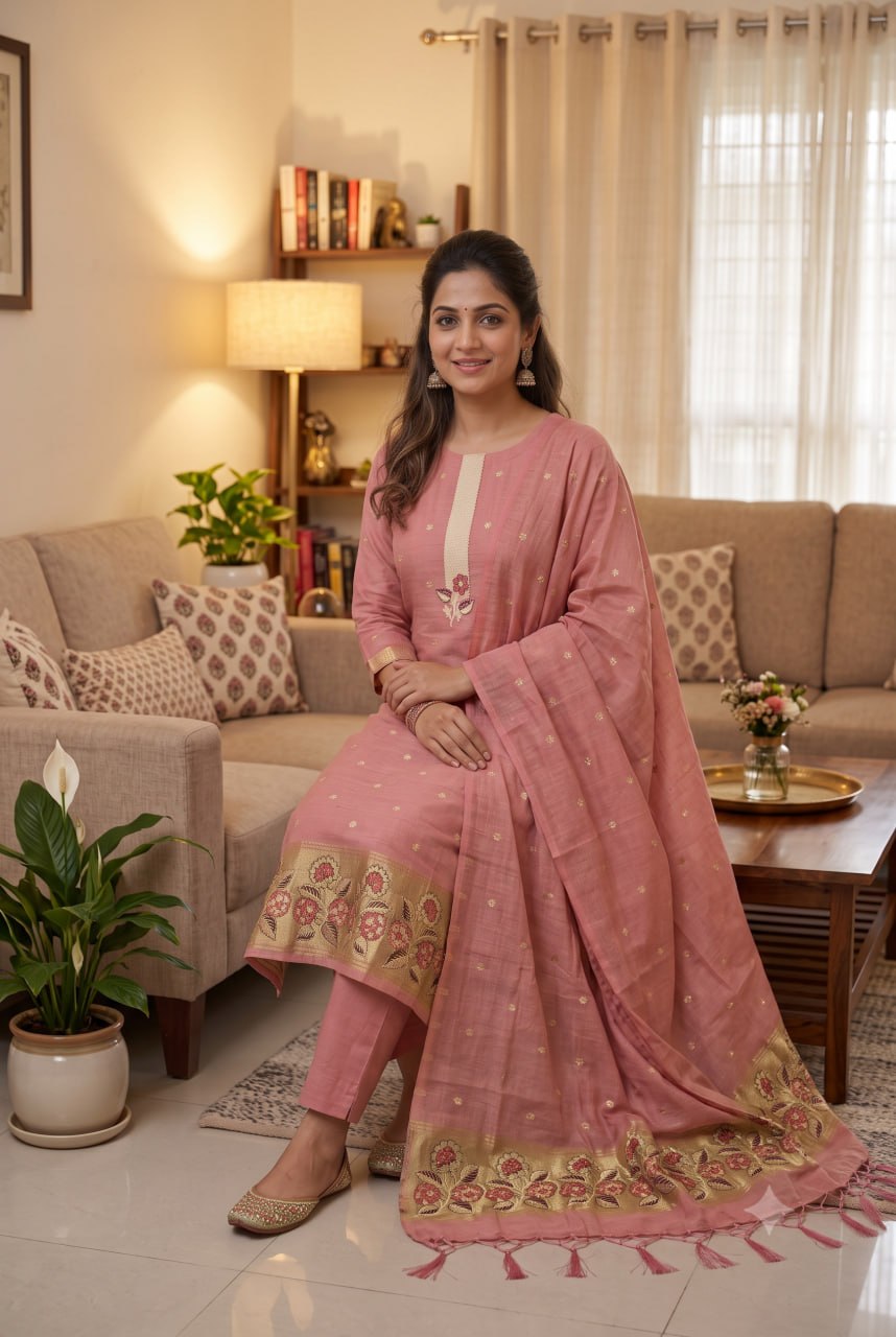 Pink Pure Muga Cotton 3 PC Jamdani Lagdi Patta Weaving Salwar Suit