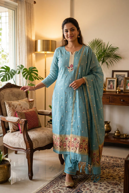 Sky Pure Muga Cotton 3 PC Jamdani Lagdi Patta Weaving Salwar Suit