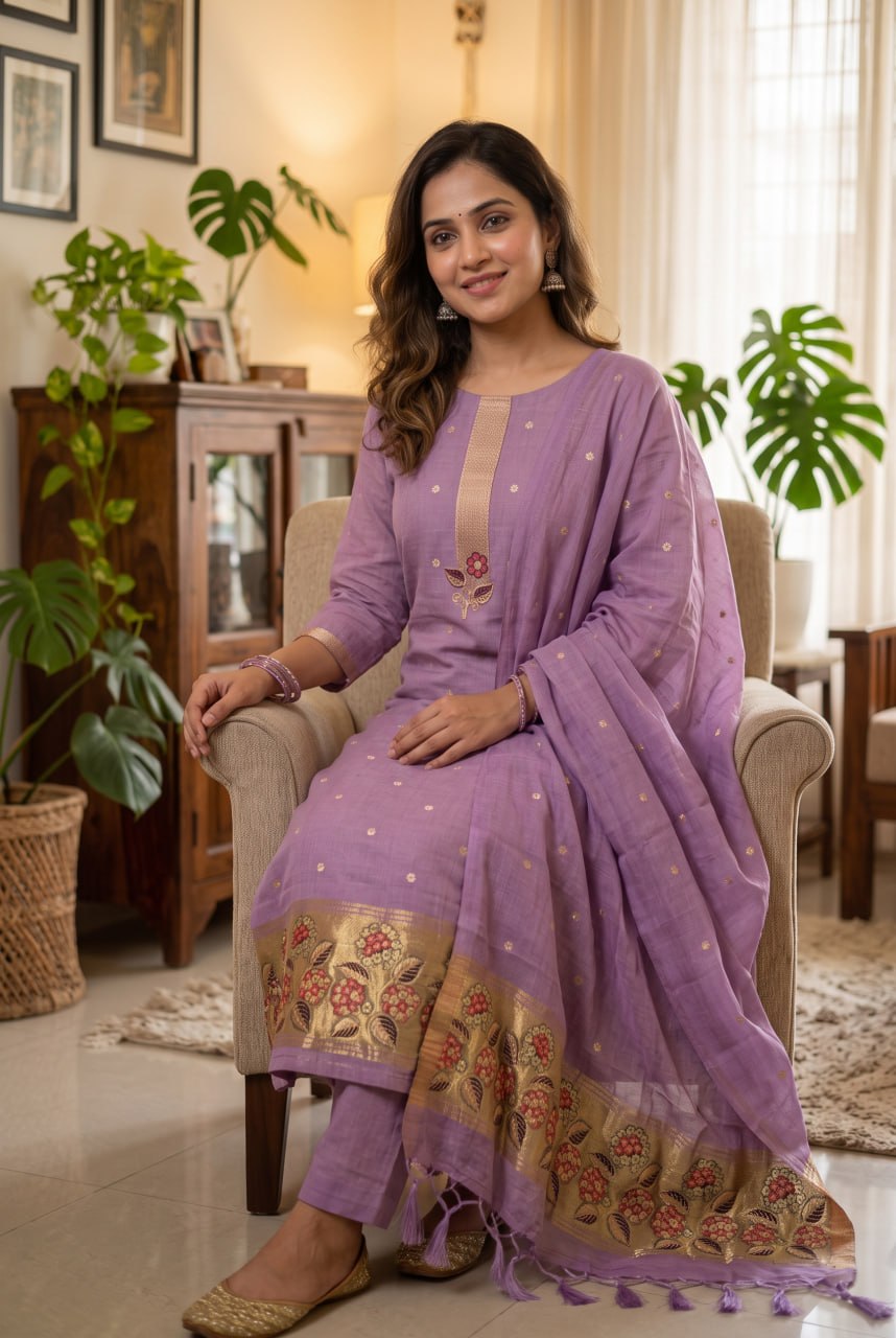 Purple Pure Muga Cotton 3 PC Jamdani Lagdi Patta Weaving Salwar Suit