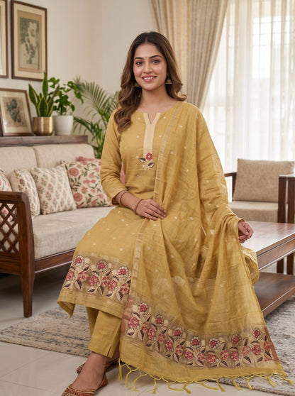 Mustard Pure Muga Cotton 3 PC Jamdani Lagdi Patta Weaving Salwar Suit