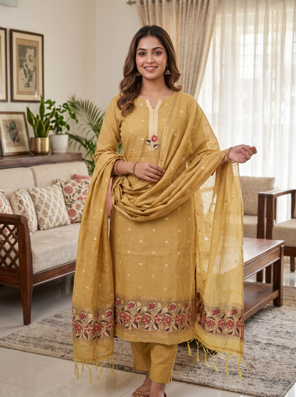 Mustard Pure Muga Cotton 3 PC Jamdani Lagdi Patta Weaving Salwar Suit