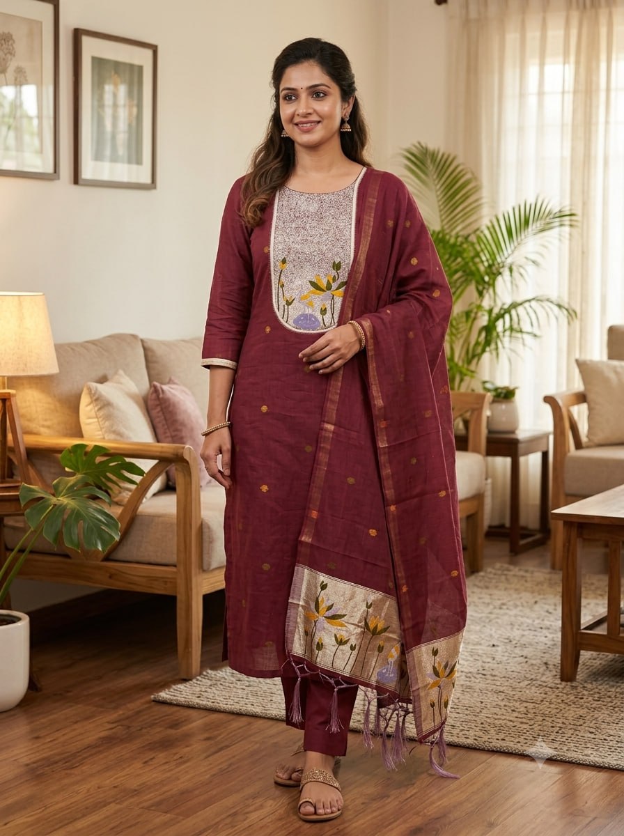 Red Pure Muga Cotton 3 PC Jamdani Lagdi Patta Weaving Salwar Suit