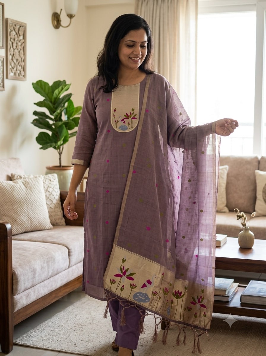 Mauve Pure Muga Cotton 3 PC Jamdani Lagdi Patta Weaving Salwar Suit