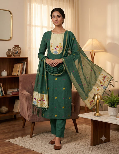 Green Pure Muga Cotton 3 PC Jamdani Lagdi Patta Weaving Salwar Suit