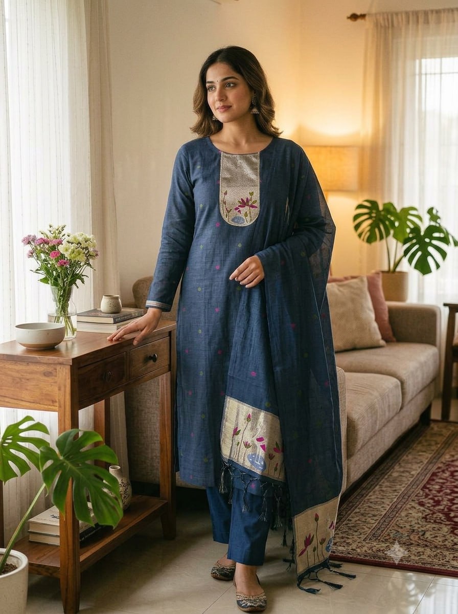 Blue Pure Muga Cotton 3 PC Jamdani Lagdi Patta Weaving Salwar Suit