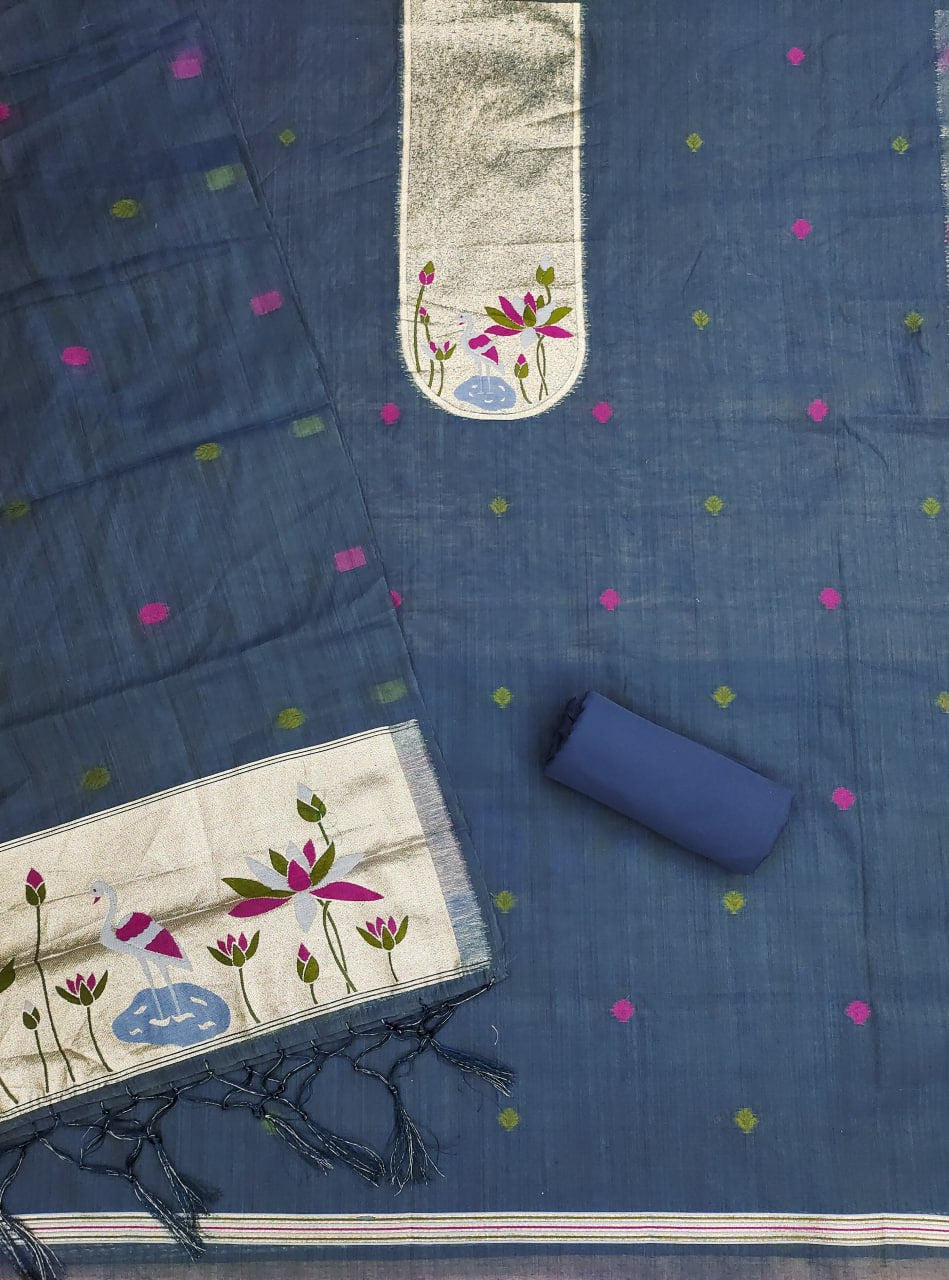 Blue Pure Muga Cotton 3 PC Jamdani Lagdi Patta Weaving Salwar Suit