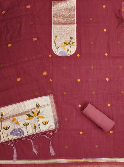 Red Pure Muga Cotton 3 PC Jamdani Lagdi Patta Weaving Salwar Suit