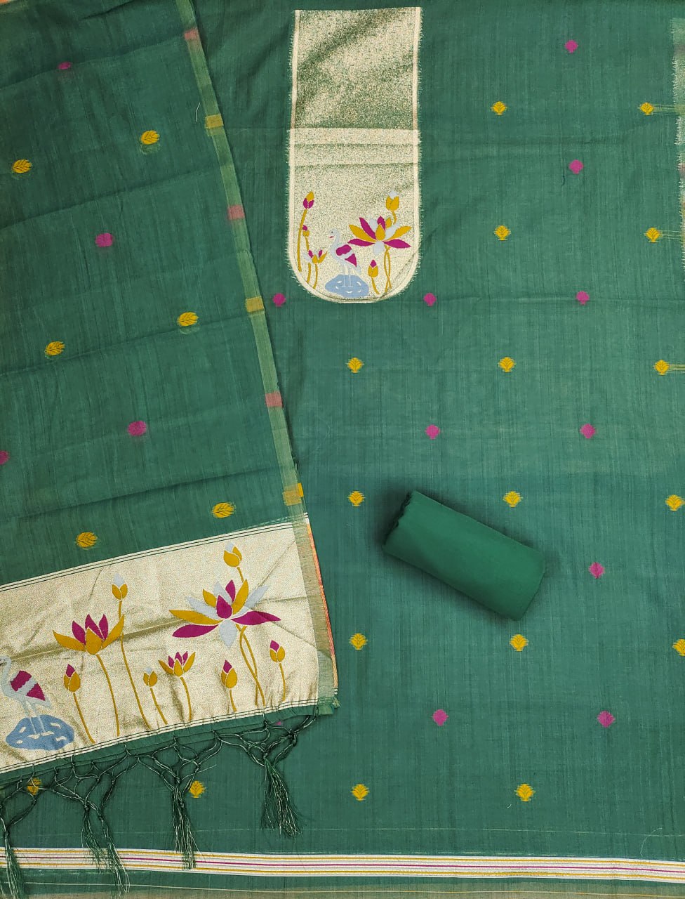 Green Pure Muga Cotton 3 PC Jamdani Lagdi Patta Weaving Salwar Suit