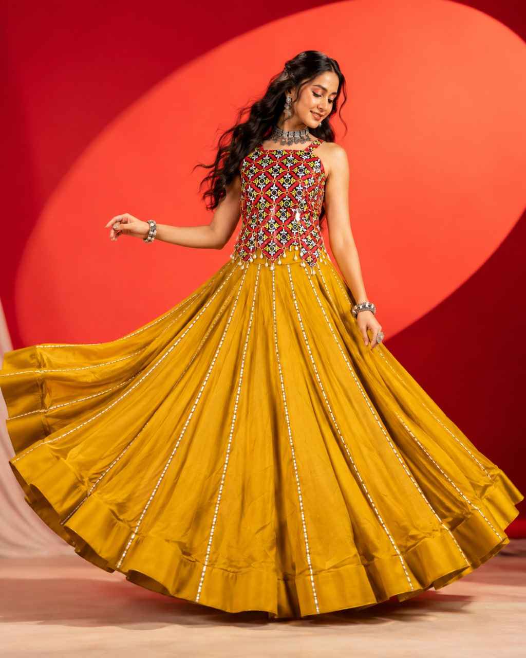 Mustard Pure Rayon Cotton Plain Gota Patti Kali Work Navratri Lehenga Choli
