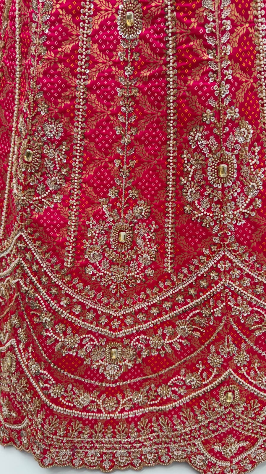 Rani Pink Pure Banarasi Silk Khatali Heavy Diamond Motif Crystal Beads Sequins Work Bridal Lehenga Choli