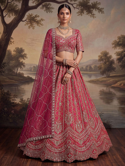 Rani Pink Pure Banarasi Silk Khatali Heavy Diamond Motif Crystal Beads Sequins Work Bridal Lehenga Choli