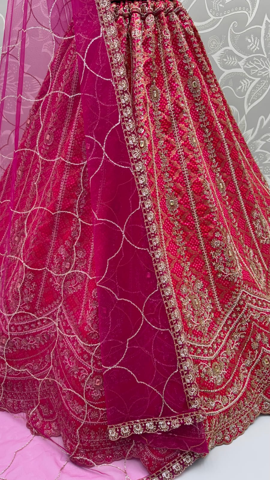 Rani Pink Pure Banarasi Silk Khatali Heavy Diamond Motif Crystal Beads Sequins Work Bridal Lehenga Choli