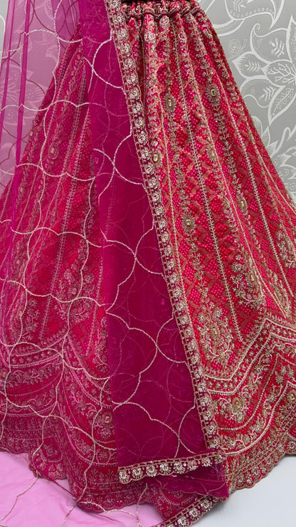 Rani Pink Pure Banarasi Silk Khatali Heavy Diamond Motif Crystal Beads Sequins Work Bridal Lehenga Choli