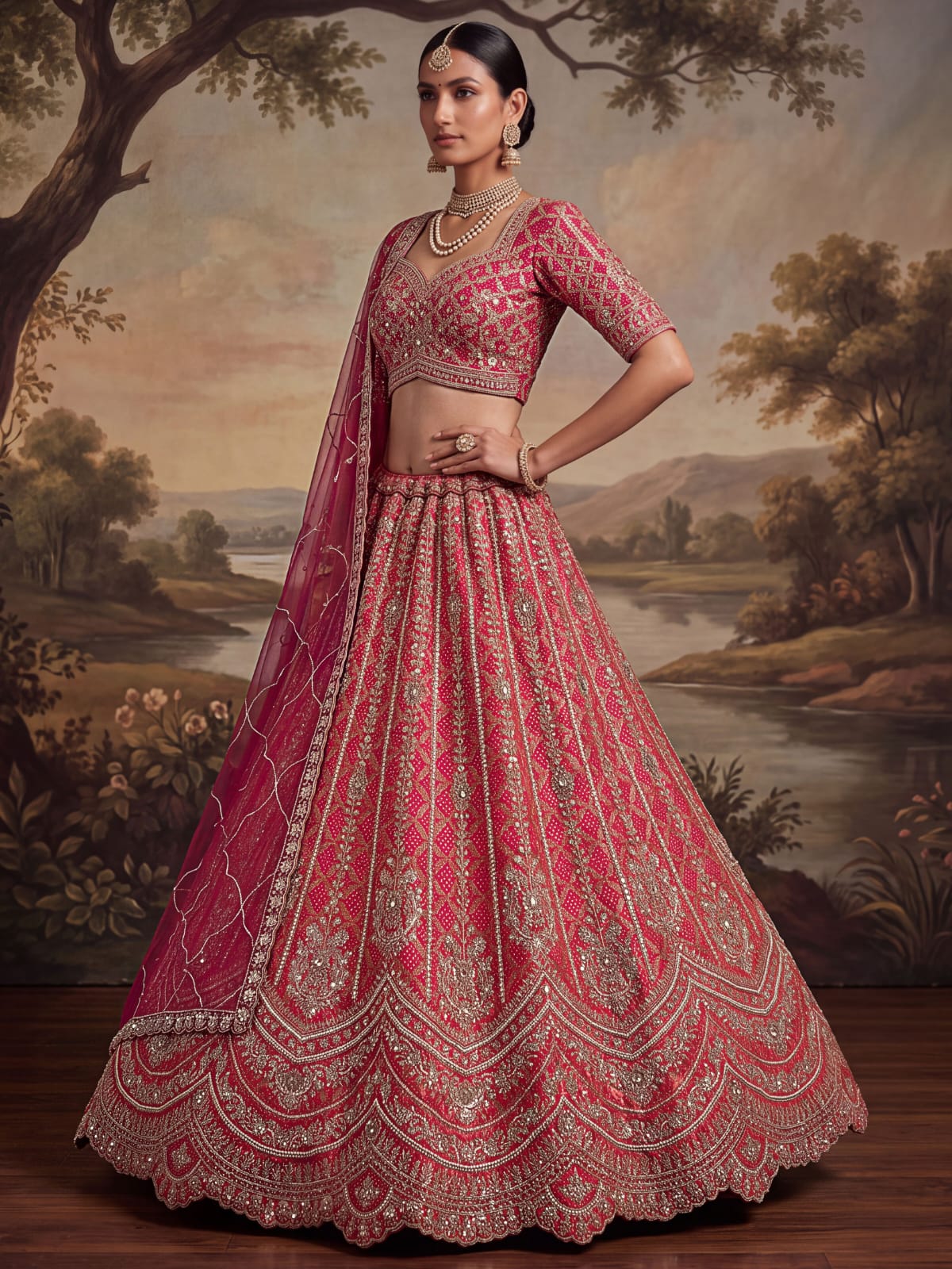 Rani Pink Pure Banarasi Silk Khatali Heavy Diamond Motif Crystal Beads Sequins Work Bridal Lehenga Choli