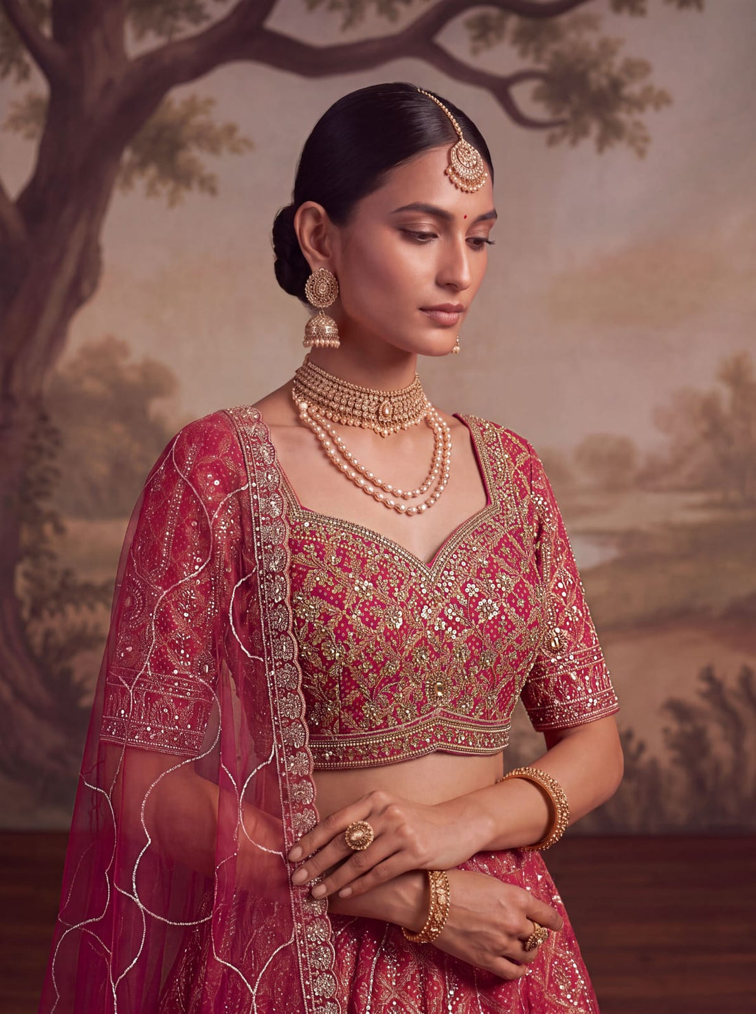 Rani Pink Pure Banarasi Silk Khatali Heavy Diamond Motif Crystal Beads Sequins Work Bridal Lehenga Choli