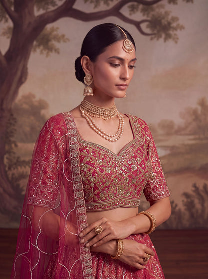 Rani Pink Pure Banarasi Silk Khatali Heavy Diamond Motif Crystal Beads Sequins Work Bridal Lehenga Choli