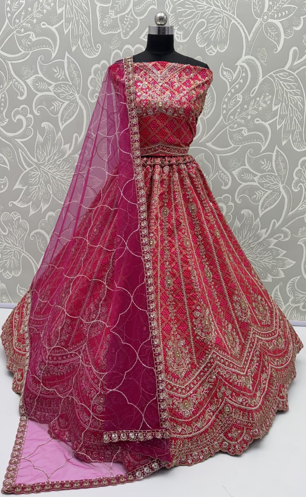 Rani Pink Pure Banarasi Silk Khatali Heavy Diamond Motif Crystal Beads Sequins Work Bridal Lehenga Choli