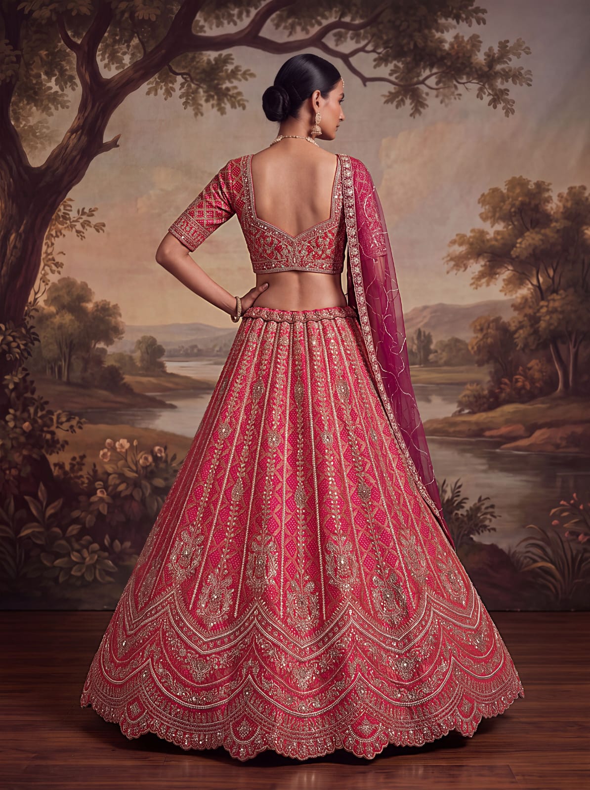 Rani Pink Pure Banarasi Silk Khatali Heavy Diamond Motif Crystal Beads Sequins Work Bridal Lehenga Choli