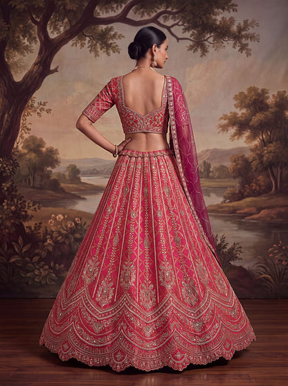 Rani Pink Pure Banarasi Silk Khatali Heavy Diamond Motif Crystal Beads Sequins Work Bridal Lehenga Choli