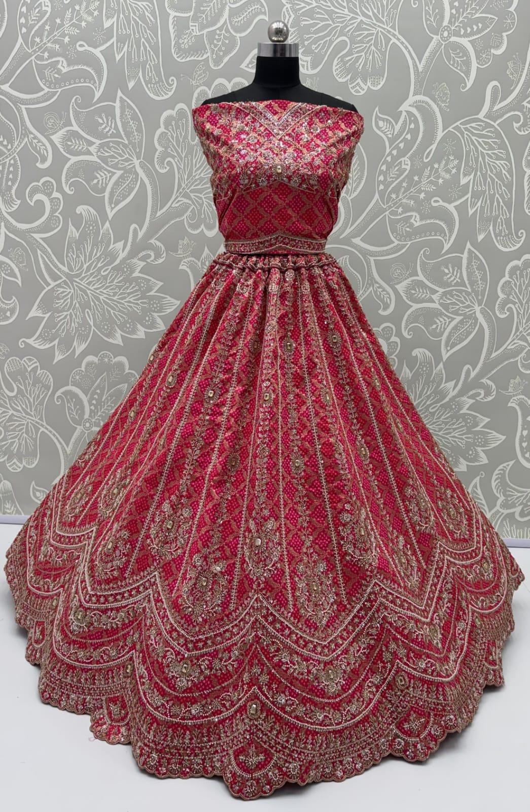 Rani Pink Pure Banarasi Silk Khatali Heavy Diamond Motif Crystal Beads Sequins Work Bridal Lehenga Choli