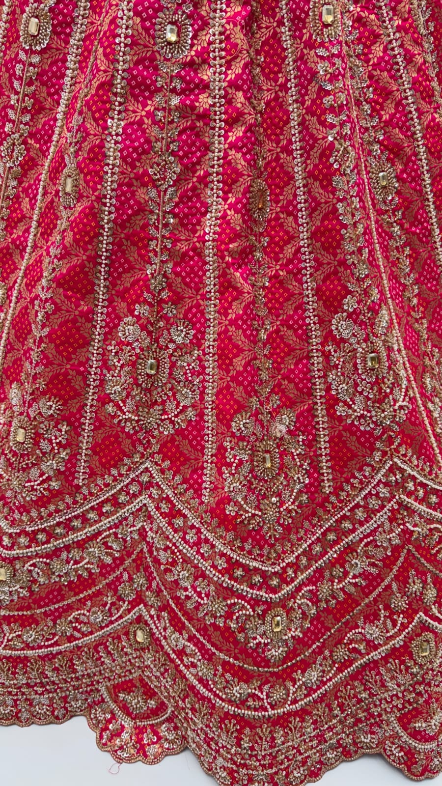 Rani Pink Pure Banarasi Silk Khatali Heavy Diamond Motif Crystal Beads Sequins Work Bridal Lehenga Choli