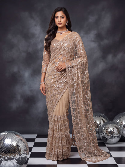 Beige Pure Premium Net Handwork Kasti &amp; Motif Zari Metallic Sequins Work Wedding Saree