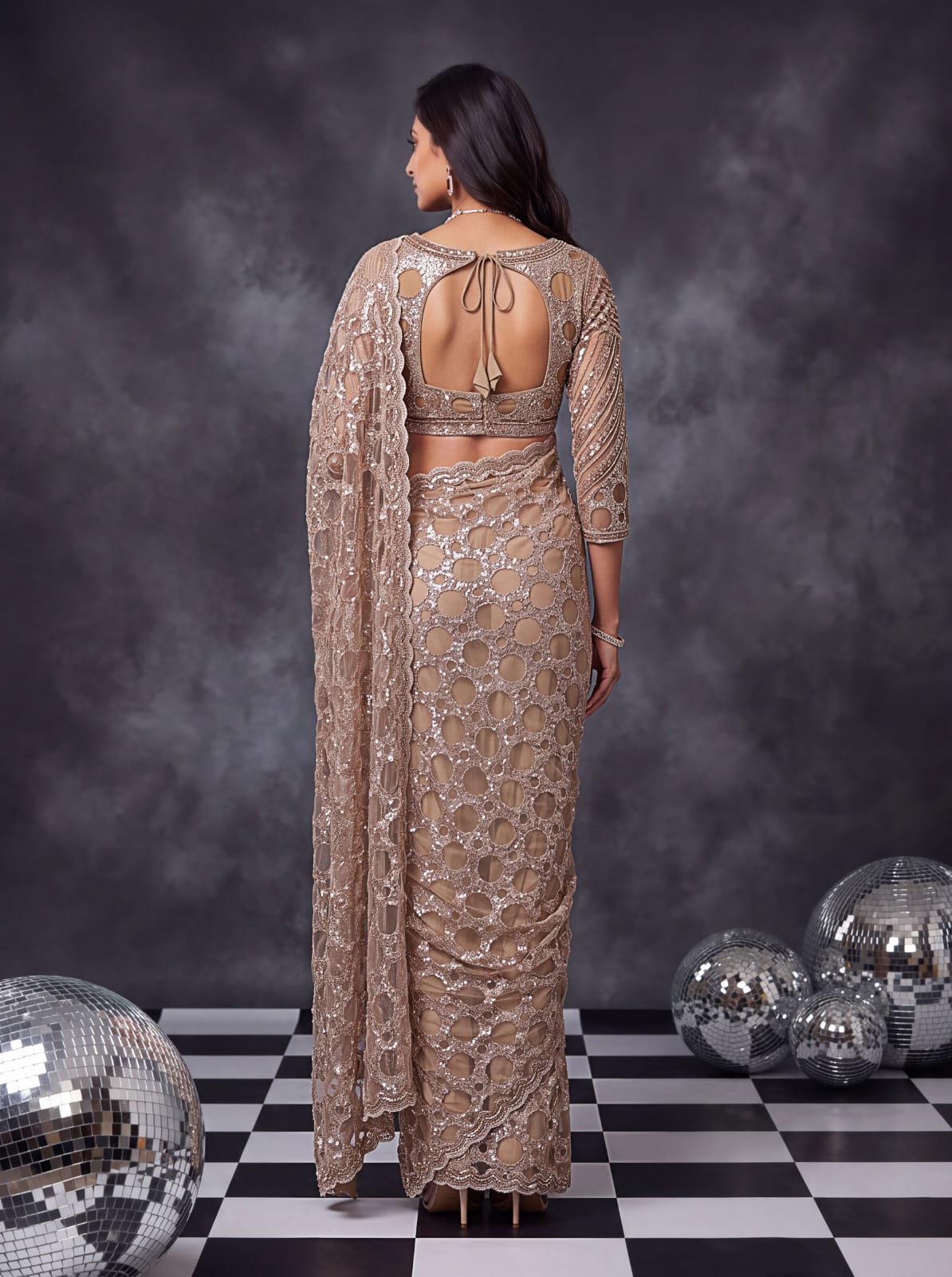Beige Pure Premium Net Handwork Kasti &amp; Motif Zari Metallic Sequins Work Wedding Saree