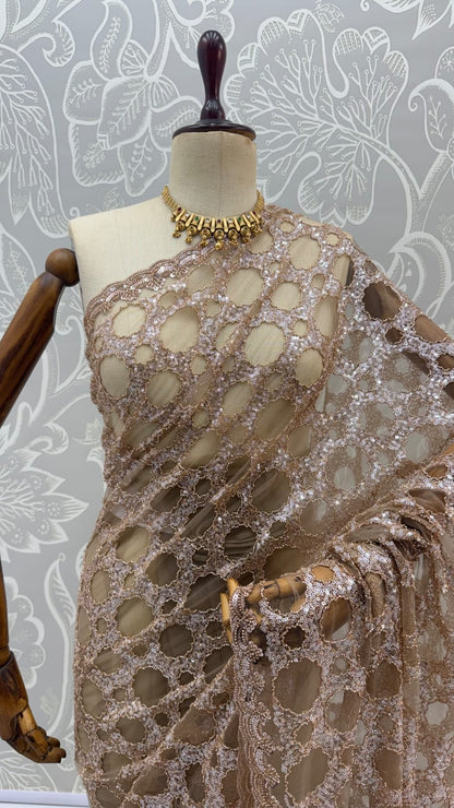 Beige Pure Premium Net Handwork Kasti &amp; Motif Zari Metallic Sequins Work Wedding Saree
