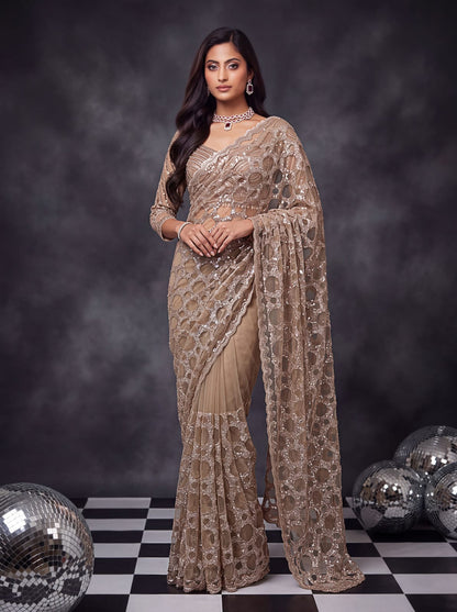 Beige Pure Premium Net Handwork Kasti &amp; Motif Zari Metallic Sequins Work Wedding Saree
