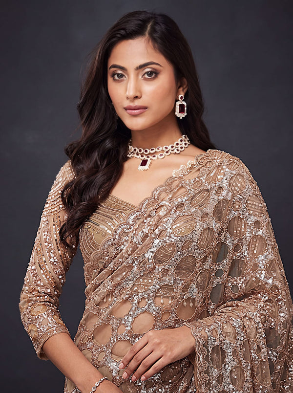 Beige Pure Premium Net Handwork Kasti & Motif Zari Metallic Sequins Work Wedding Saree