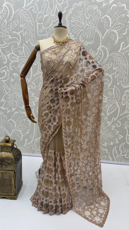 Beige Pure Premium Net Handwork Kasti &amp; Motif Zari Metallic Sequins Work Wedding Saree