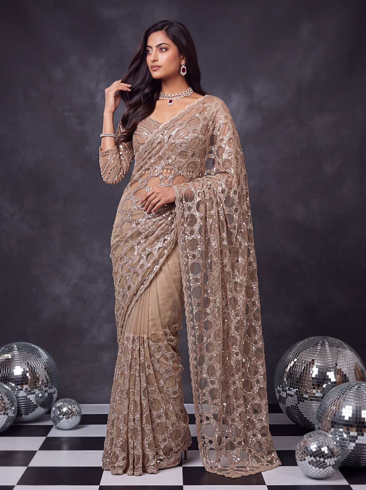Beige Pure Premium Net Handwork Kasti &amp; Motif Zari Metallic Sequins Work Wedding Saree