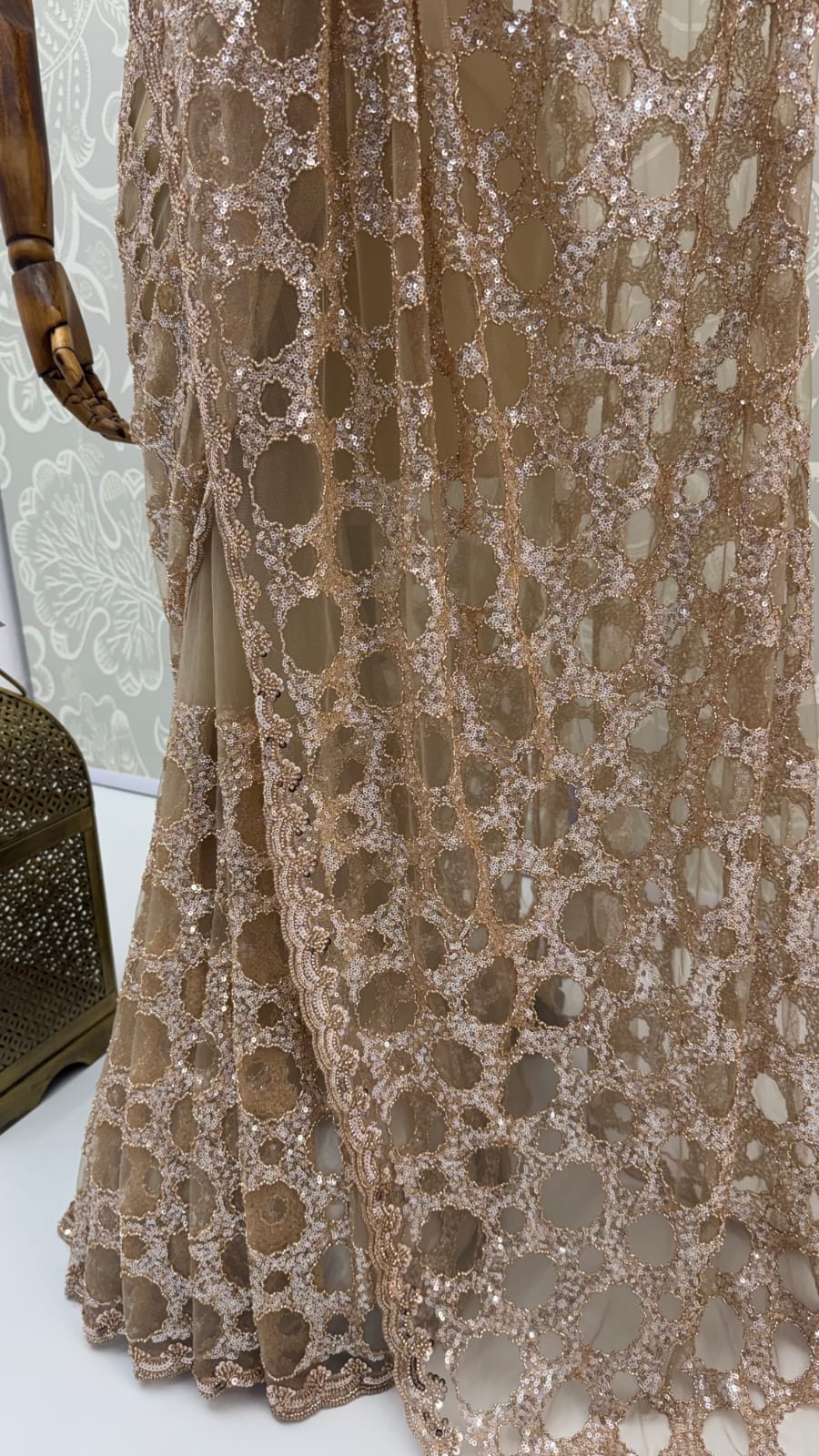 Beige Pure Premium Net Handwork Kasti &amp; Motif Zari Metallic Sequins Work Wedding Saree