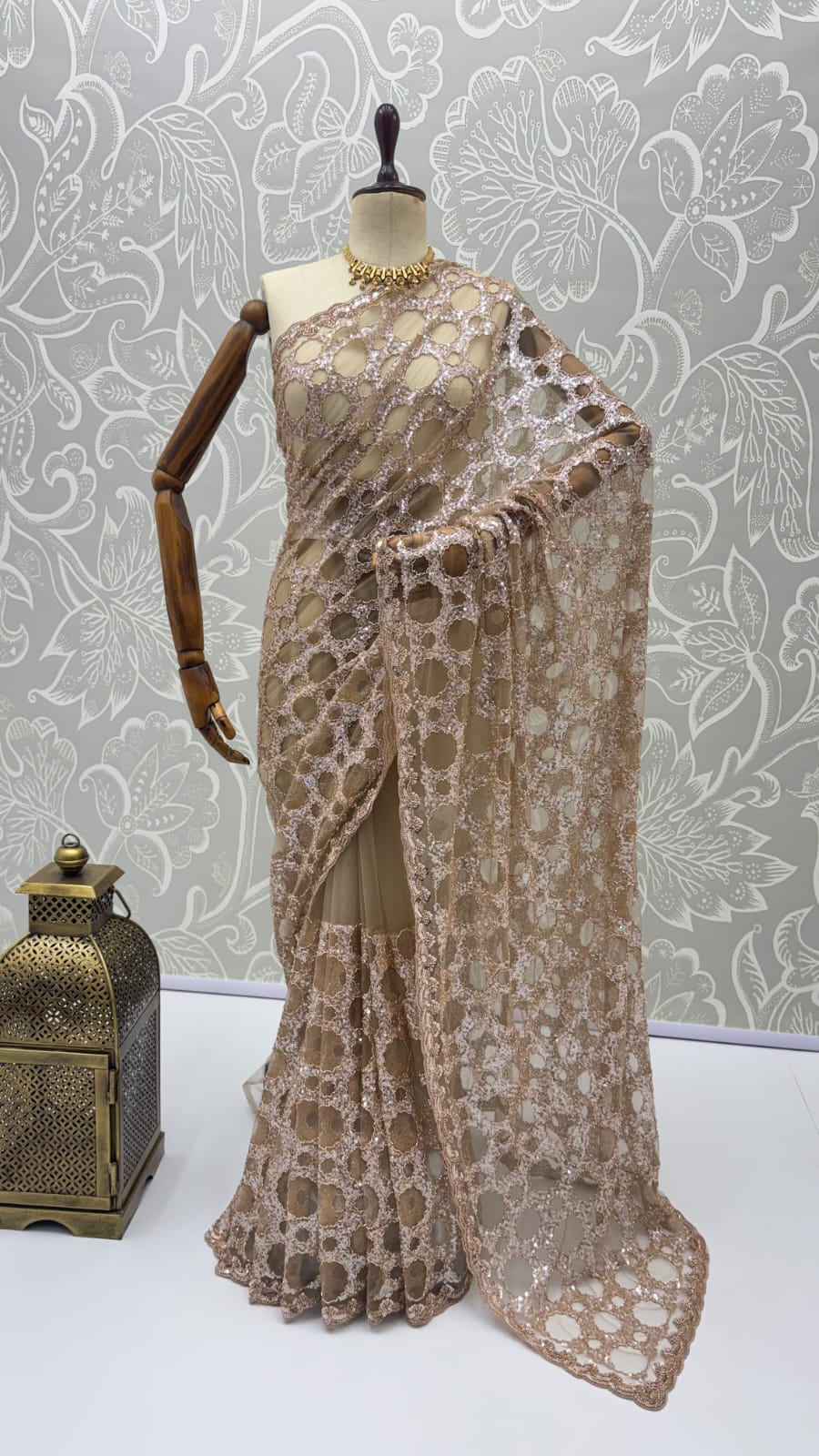 Beige Pure Premium Net Handwork Kasti &amp; Motif Zari Metallic Sequins Work Wedding Saree