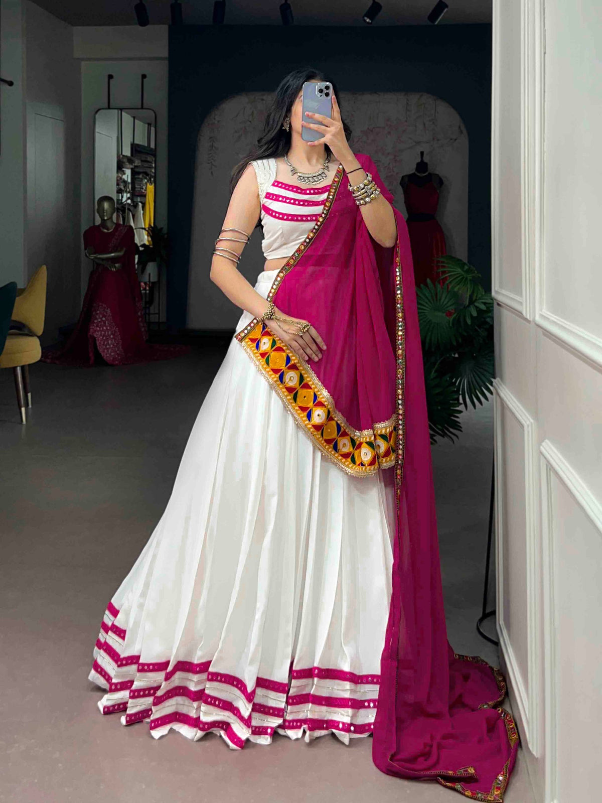 White Pure Rayon Cotton Silk Gamthi Lace Work Chaniya Choli