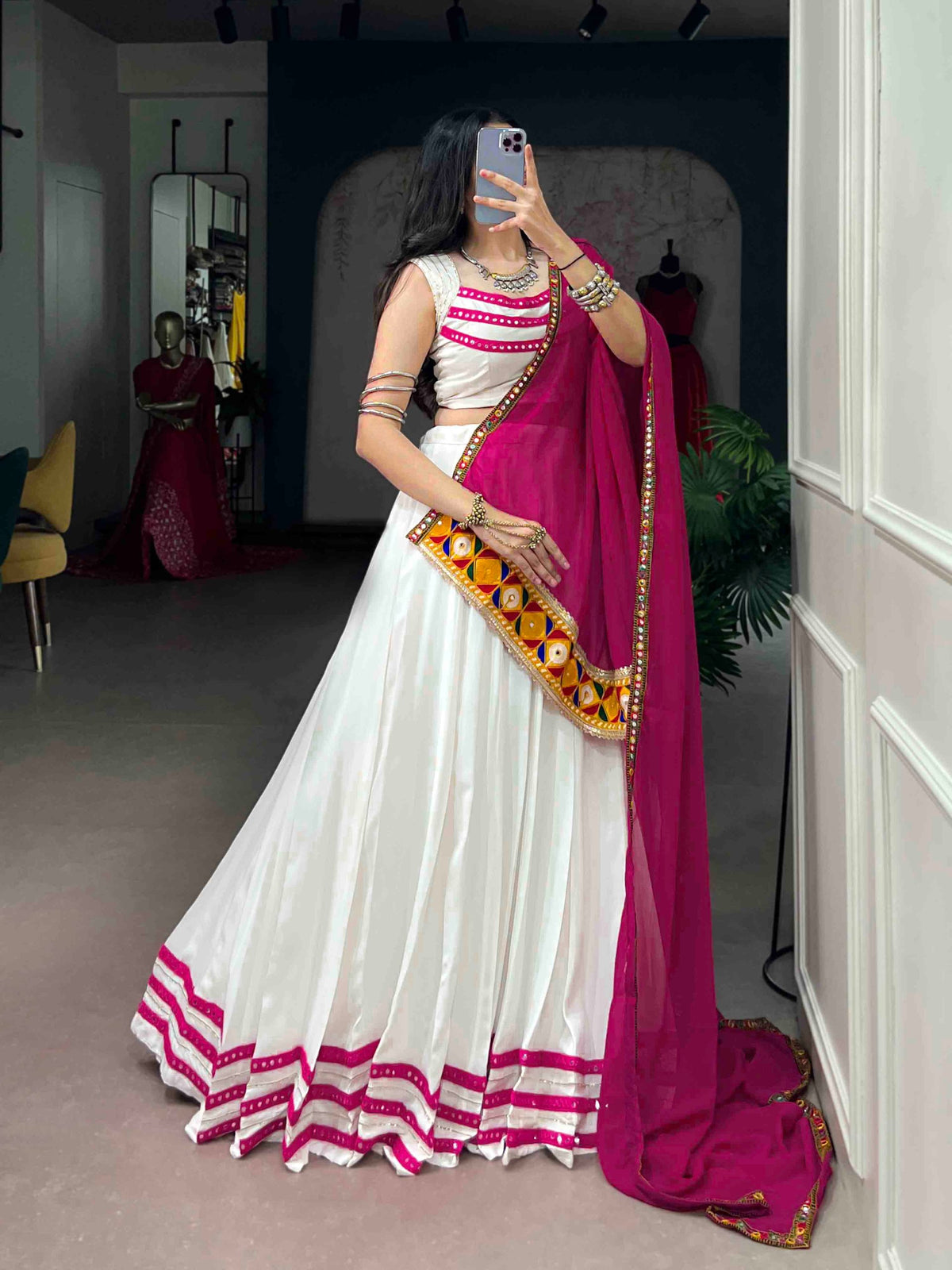 White Pure Rayon Cotton Silk Gamthi Lace Work Chaniya Choli