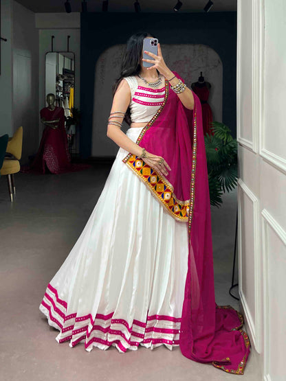 White Pure Rayon Cotton Silk Gamthi Lace Work Chaniya Choli