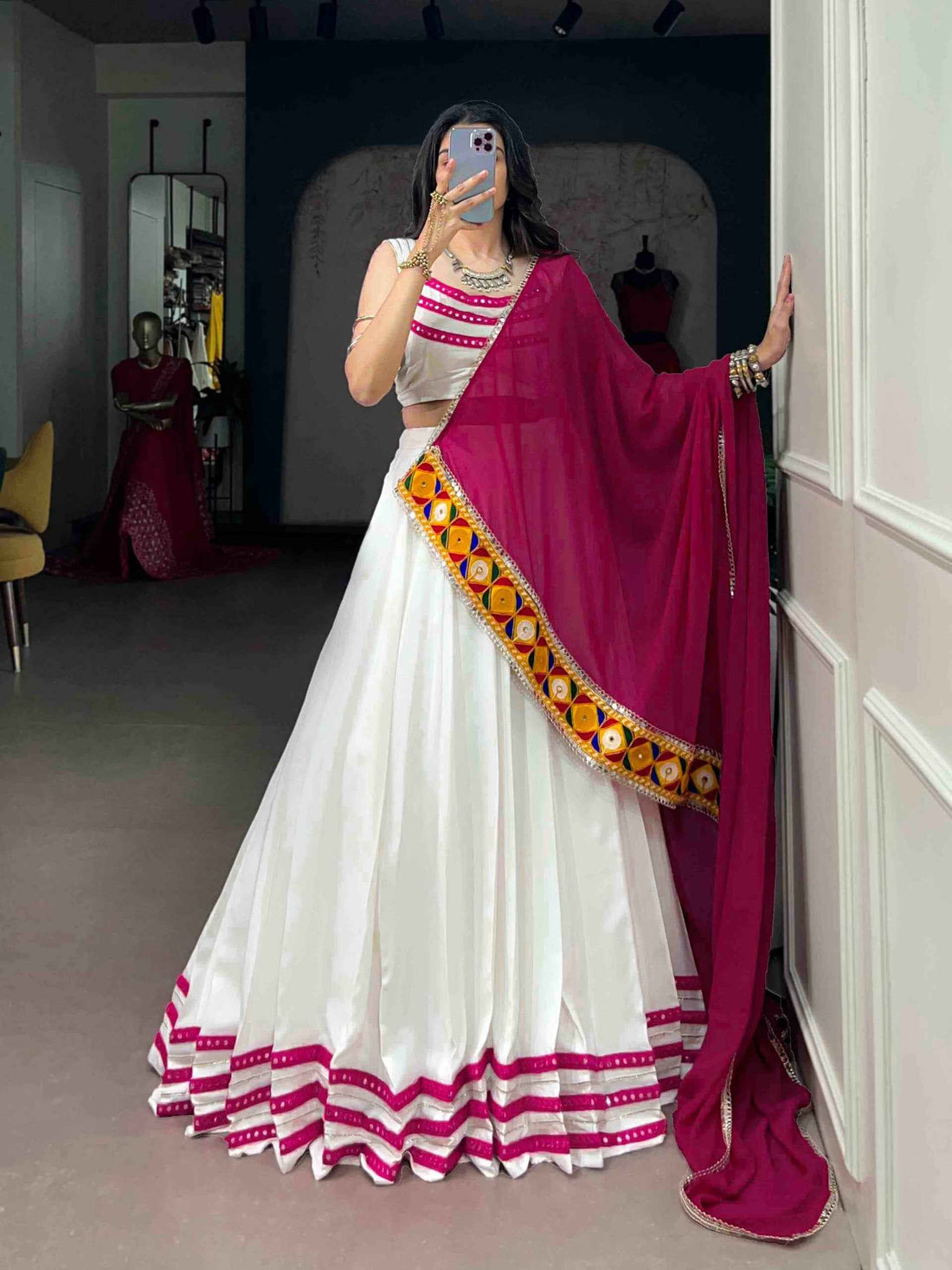 White Pure Rayon Cotton Silk Gamthi Lace Work Chaniya Choli